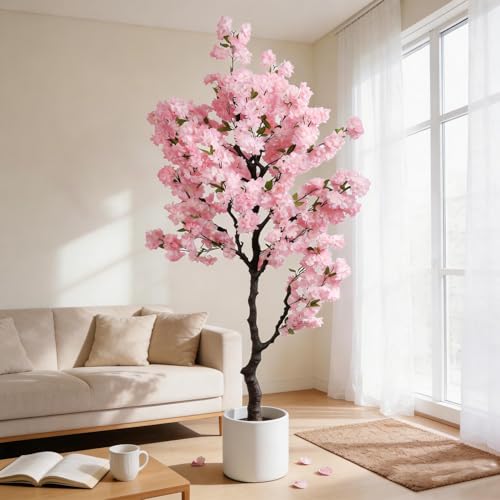 BINCUE Artificial Pink Cherry Blossom Tree Fake Tree Cherry Blossom Decor Fake Flowers Faux Flowering Tree Pink Flowers Floral for Indoor Outdoor Room Home Decor Spring Gift 7FT - color: Pink-10ap