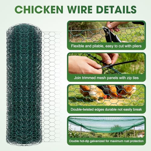 Chicken Wire for Floral Arrangements, 16 Inch x 16.4 Ft Green Chicken Wire Fencing Mesh for Crafts Poultry Garden, 0.6 Inch Hexagonal Galvanized PVC Coated Netting Fence for Outdoor Plants - size: 16x197 inch