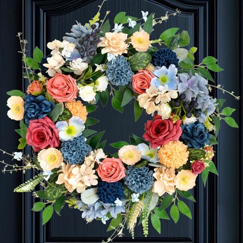 22 inch Spring Wreath Artificial Flower Wreaths Spring Summer Yellow Blue Rose Hydrangea Wreaths Front Door Hallway Window Decoration Wedding Birthday Decoration - color: Wreath