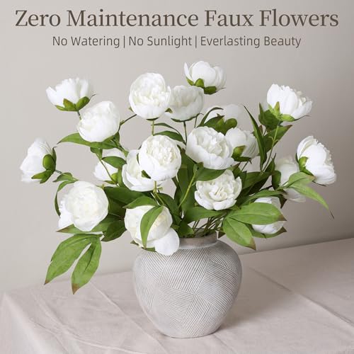 florisso 6 Pcs 27" Faux Silk Artificial Peony Flowers, Fake Peony Branches for Vase DIY Bouquet Centerpieces Wedding Shower Decorations, White - color: White