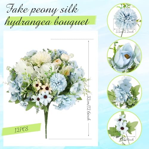 Tigeen Peonies Artificial Flowers Faux Roses Silk Flowers Hydrangea Artificial Bouquet for Wedding Table Centerpiece Floral Vase Home Office Bridal Decor(Champagne White, Blue,12 Bundles) - color: Champagne White, Blue