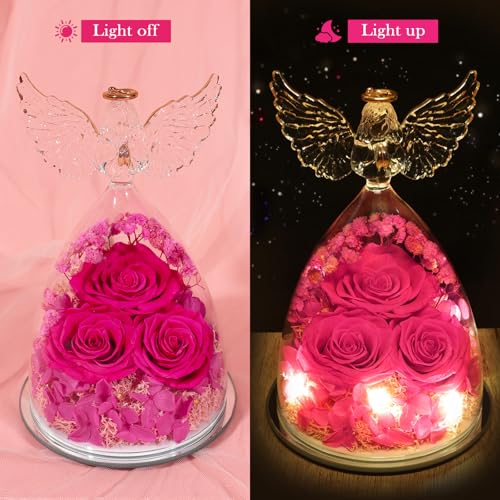 Mothers Day Flowers Gifts for Mom Flowers for Delivery Preserved Flowers Forever Real Fresh Roses in Glass Angel Figurines Birthday Gifts for Women Anniversary Present for Grandma Wife from Daughter - color: Rose Red (Rose, Baby's Breath, Hydrangea)