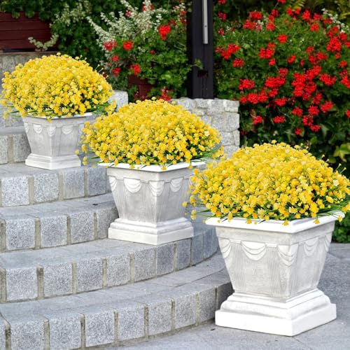 6 Bundles Artificial Flowers for Outdoors UV Resistant Fake Plastic Plants Faux Boston Fern Greenery Stems for Spring Summer Indoor Garden Patio Window Box Kitchen Home Decor (Yellow) - color: 6bundles--flower Yellow