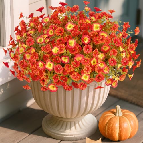 INXUGAO Fake Fall Flowers Artificial for Decoration, 12 Bundles Faux Plants Silk Orange Flowers Morning Glory Petunias Realistic UV Resistant for Outdoors Planter Porch Patio Window Box, Sunset - color: Orange Sunset