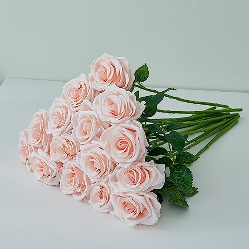 15pcs Blush Roses Artificial Flowers Silk Fake Flowers Realistic Pink Roses Bouquet Long Stemink for Wedding Home Party Birthday Decoration - color: Bush