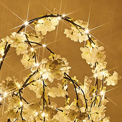 Fudios Lighted White Cherry Blossom Tree 40 LED 18IN Japanese Room Decor,Artificial Flower Tree with Lights Battery USB Plug for Wedding Party Summer Mantle Decoration - color: White Cherry Tree
