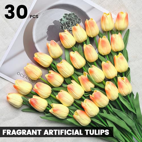 30 PCS Artificial Tulips Real Touch Tulips 13.5inch Long Stem Fake Flowers Silk Flowers for Spring Easter Mother's Day Decorations（Champagne+Pink） - color: Champagne+pink