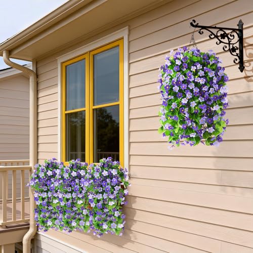 Artificial Fake Hanging Flowers for Outdoors, 2 Pcs Artificial Hanging Plants Outdoors Spring Summer Decor, UV Resistant Faux Violet Silk Flowers for Planters Front Door Yard Garden(Dark Orchid) - color: Dark Orchid
