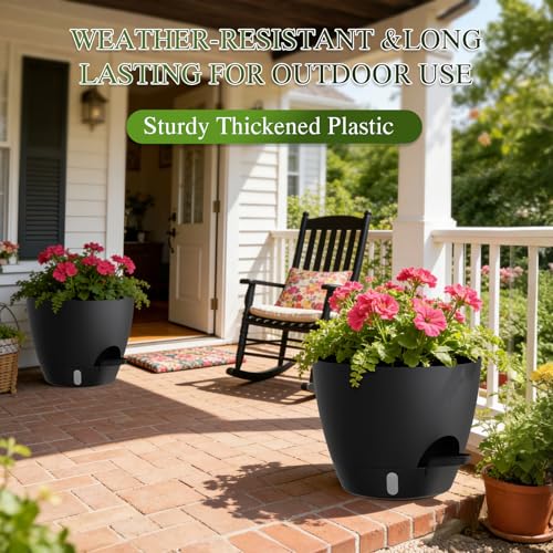 Self Watering Pots with Drainage Holes, 3 Pack 12/10/8 Inch Plant Pots with Water Level Indicator Deep Reservoir, Large Plastic Planter for Indoor Outdoor Plants - Black - color: Black, size: 12+10+8 Inch Set
