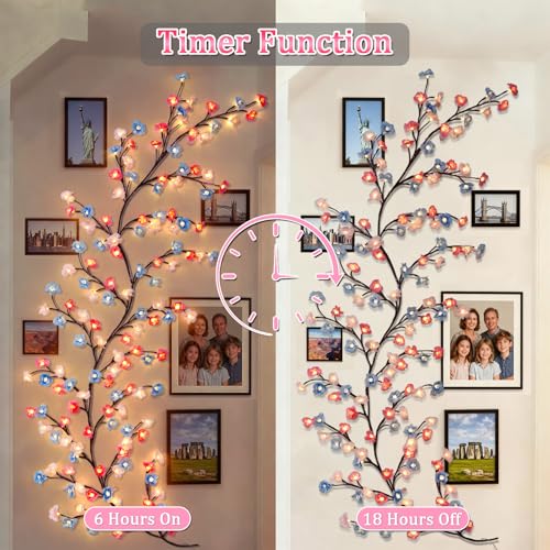 7.55 FT 144 LED Cherry Blossom Tree Branch Lights for Wall,8 Modes Artificial Pink Cherry Blossom Garland with Remote and Timer,Willow Vine Lights (144 LED Three-Color Cherry Blossom) - color: 144 LED Three-Color Cherry Blossom