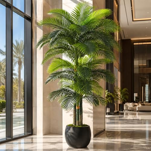 10ft Tall Triple Golden Cane Palm Artificial Tree Large Tropical Palm Tree UV Resistant Fake Plant in Pot for Indoor Outdoor Big House Living Room Outside Patio Office Home Decor 1Pack - size: 10ft