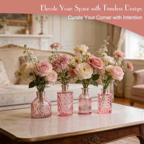 Petal Petite Small Pink Glass Bud Vase Set of 24 for Wedding Centerpieces | Pink Glass Vase, Mini Bud Vases in Bulk, Vintage Flower Vase Set for Single Stem, Home and Office Decor - color: Pink