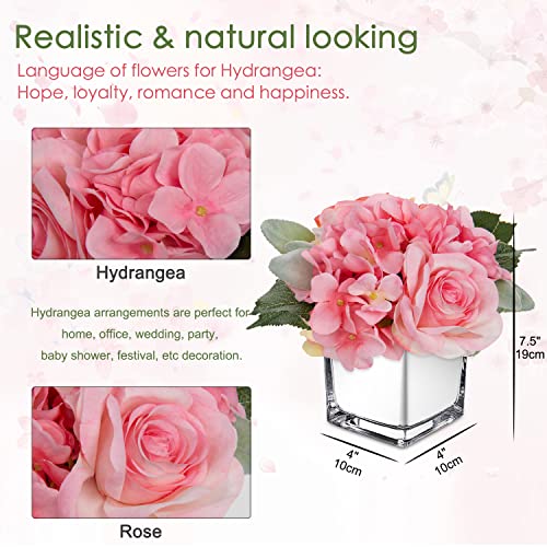 GnFlus Artificial Flowers in Vase Fake Silk Hydrangea Rose Flower Arrangement Faux Potted Flowers for Indoor Home Bathroom Office Table Shelf Decor, Pink - color: Pink, size: 2-in-1