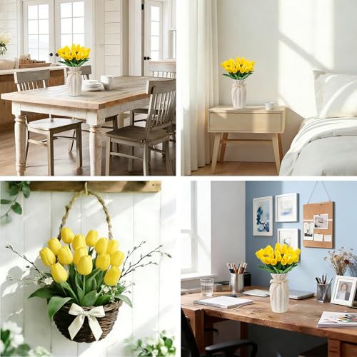 25Pcs Tulips Artificial Flowers, Faux Tulips Artificial Tulips Real Touch Tulip Fake Flowers Bouquets for Spring Wedding Home Kitchen Office Party Decor (Yellow) - color: Yellow