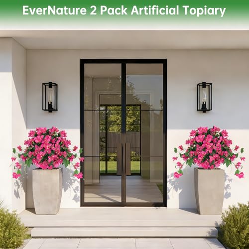 Artificial Bougainvillea Topiary Trees Set of 2, Pink Fake Shrubs Bushes with Ground Spike, Faux Evergreen for Porch Plants, UV Resistant Artificial Flowers for Outdoors Indoor Front Garden - color: Bougainvillea