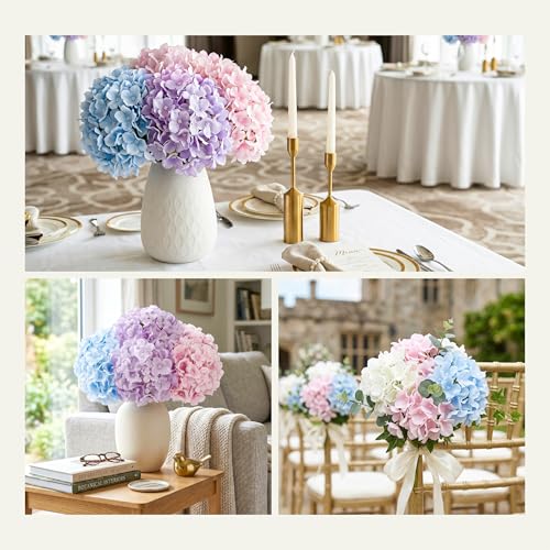 Auihiay 10Pcs Artificial Hydrangea Flowers, Realistic Faux Silk Hydrangea with Stems, Fake Flowers for Wedding Centerpieces Baby Shower Bridal Bouquet Home Farther's Day Decor Table Decorations - color: Mixed Color