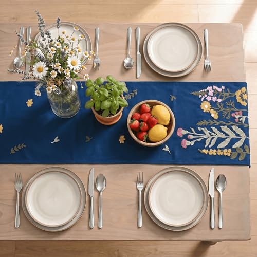 Artoid Mode Dark Blue Soft Chain Embroidery Wild Floral Spring Table Runner, Seasonal Winter Kitchen Dining Table Decoration for Home Party Decor 13x72 Inch - color: Dark Blue, size: 13" x 72", Table Runner