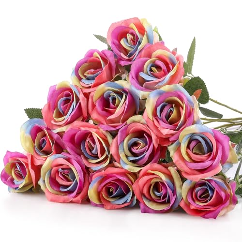 Hotop 20 Pcs Artificial Rose Flowers with Long Stem,Real Lifelike Silk Realistic Plastic Bouquet Roses Bulk for Home Decor Bridal Wedding Party Table Centerpieces Decorations(Rainbow) - color: Rainbow