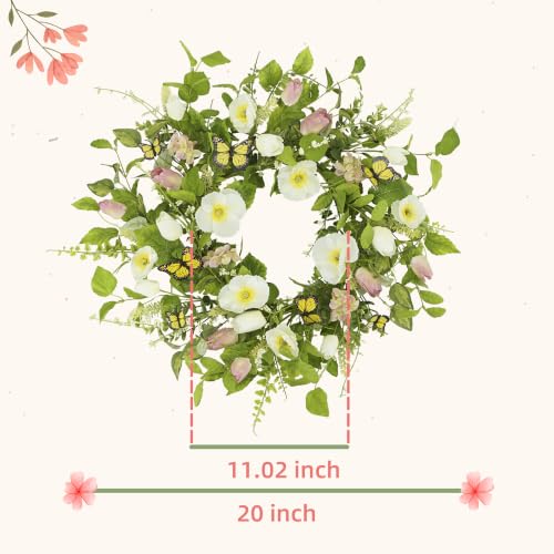 YNYLCHMX 20" Spring Summer Wreaths for Front Door, Artificial Floral Wreath with White Flower Eucalyptus Leaves Butterfly, Green Foliage Wreath for Wall Window Farmhouse Party Holiday Home Decor - color: White Flower