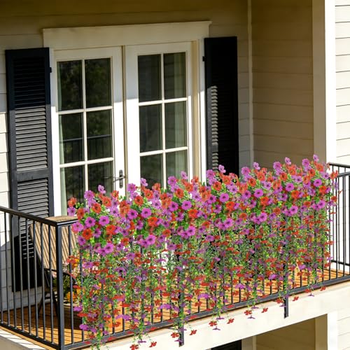 4 Pcs Artificial Hanging Flowers for Outdoor, Fake Silk Daisy Flowers Spring Summer Decoration UV Resistant Faux Plants for Planter Front Door Porch Patio Balcony Yard Decor, Red Purlple - color: Red Purlple