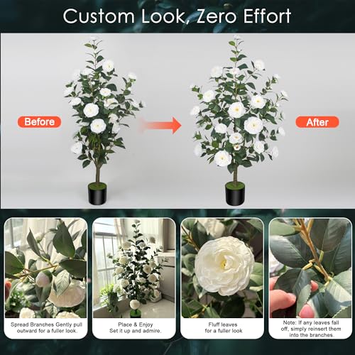 1Pack 47.24"/3.94FT Artificial Camellia Trees with 36 White Flowers in Cement Pots – Lifelike Fake Trees for Front Porch, Home, Indoor Outdoor Spring Decor, Office or Housewarming Gifts - color: White, size: 3ft 11in