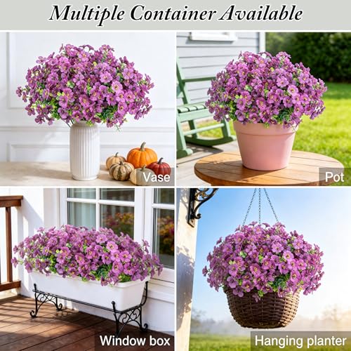 Artificial Flowers for Outdoors Decoration for UV Resistant Silk,16 Bundles | Artificial Violet Flowers for Outdoor Decor, Realistic Fake Plants for Porch,Garden,Window Box,All Purple - color: Purple