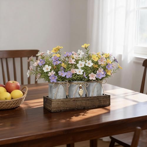 Artificial Gypsophila Baby's Breath, Rustic Table Centerpieces Home Decor for Dining Room, Farmhouse Wood Planter Box with 3 Galvanized Metal Pots Decorative Table Centerpiece - style: Milan Flowers