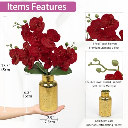 Oairse Red Orchids Artificial Flowers Faux Orchid Arrangement with Gold Glass Vase Real Touch Velvet Phalaenopsis Orchid Flowers Orchids Centerpiece for Dining Room Table - color: Red # Gold