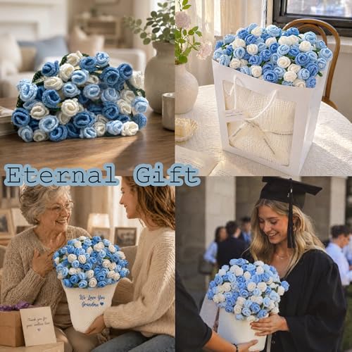 Crochet Flower Bouquet Throw Blanket, Cute Romantic Gift for Her Girlfriend Mom Mother’s Day Valentine Wedding Anniversary Birthday (Blue, 32 inches) - color: Blue, size: 32 inches
