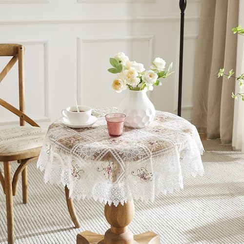LinenZone White Farmhouse Tablecloth with Colorful Flower Design. 70 Inch Round Tablecloth for Small Table, Dresser, Coffee Table. Macrame Cover for Farmhouse Decor. (Viola 70 Round, White) - color: White, size: 70" (Round)