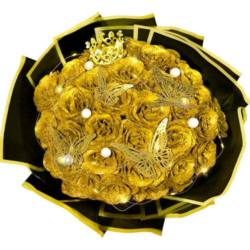 Gold Glitter Roses Bouquet, 24 Pcs Shiny Glitter Flowers Bouquet, Everlasting DIY Artificial Roses Bouquet for Christmas, Birthday, Anniversary, Wedding, Engagement - color: Gold-a, size: 24 PCS