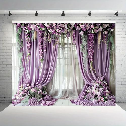 Purple Flower Wall Background Photography Purple Curtains Lavender Butterfly Backdrop for Girls Birthday Bridal Party Decorations Portrait Photo Studio Booth Props