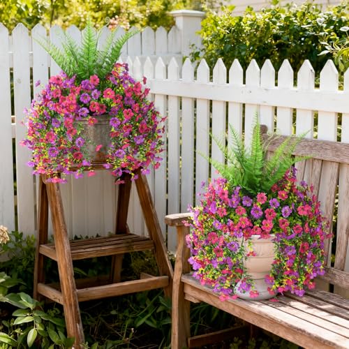 ZFProcess Artificial Fake Hanging Flowers for Outdoors, Silk Daisy with Articial Boston Ferns Plants Set, Realistic Spring Fake Outdoor Flowers UV Resistant Porch Patio Yard Decor - color: Light Purple Red Daisy With Fern