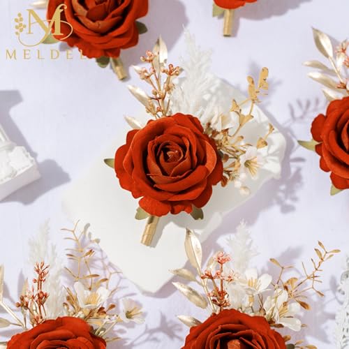 Burnt Orange Velvet Rose Boutonniere for Men,Set of 6,Groom and Best Man Boutonnieres with Artificial Flower,for Wedding Ceremony Anniversary, Dinner Party, Fall Vintage Rustic Marriage Prom - color: 6pcs Orange Boutonnieres