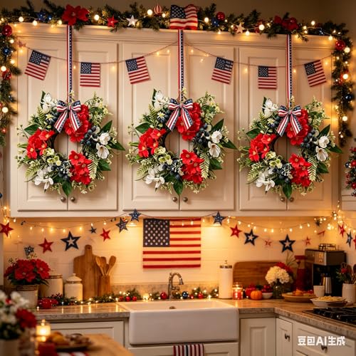 6 Pcs Small 4th of July Hanging Wreaths for Cabinets with Red Flowers White Blossoms Blue Berries American Flag Bow Mini Independence Day Candle Rings Wreath for Home Kitchen Front Door Window Porch - color: Patriotic-12