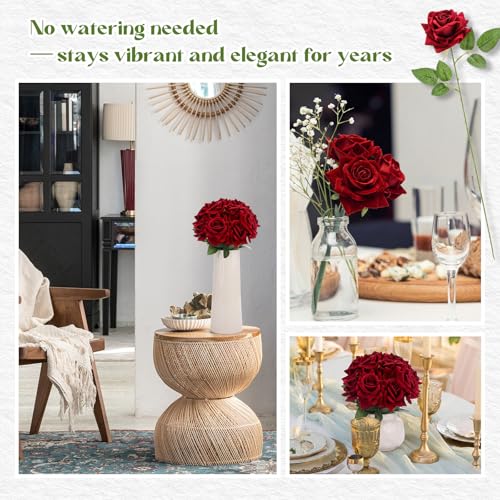 Zeyune 10 Pcs Velvet Red Fake Roses Artificial Flowers, and Real to Touch Rose Faux Long Stem Florals for DIY Wedding Centerpieces Party Home Decor