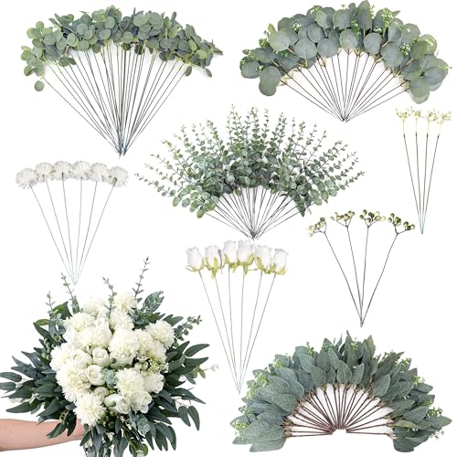 130 Pcs Mixed Eucalyptus Leaves Stems 8 Kinds Artificial Bulk Fake Silver Dollar Eucalyptus Bundle Faux Plants Greenery for DIY Wedding Vase Bouquets Floral Arrangement Engagement Decor （Green） - color: Green - 130 Artificial Green Plants (8 Styles)