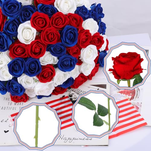 Hananona 50 Pcs Artificial Roses in Bulk, Fake Velvet Silk Roses Realistic Roses for 4th of July Wedding Centerpieces Independence Day Patriotic Flower Arrangement Home Decor (50, Red, White, Blue) - color: Red, White, Blue