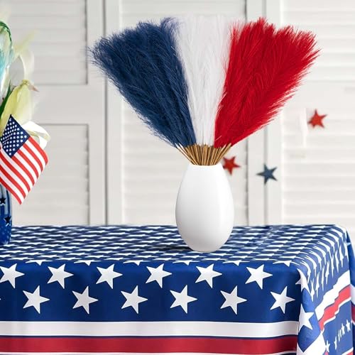 Watayo 45 Pcs Patriotic Faux Pampas Grass Decor, 17" Fluffy 4th of July Artificial Pompous Grass Vase Filler, Red White and Blue Fake Pampas Stems Branches for Independence Day Memorial Day Decoration