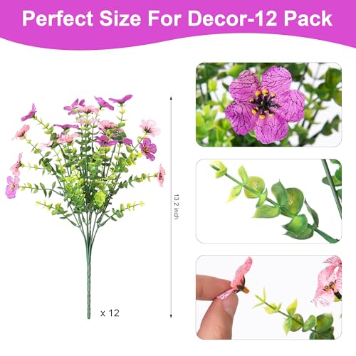 INXUGAO Artificial Fake Flowers Plants for Outdoor Spring Summer Decor, 12 Bundles Faux Silk Flowers for Outdoor Outside Planter Colorful Daisy UV Resistant Look Real for Front Door Porch Patio Yard - color: Purple Pink