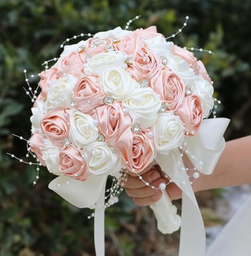 Ujicde Romantic Wedding Bouquet Bridal Bridesmaid Round Bling Brooch Bouquet Throw Toss Artificial Rose Flower Bunch with Sparkle Rhinestone Crystal Decoration(Peach Pink+Ivory,Dia. 6.3"*16cm) - color: Peach Pink+ivory, size: Dia. 6.3"*16cm