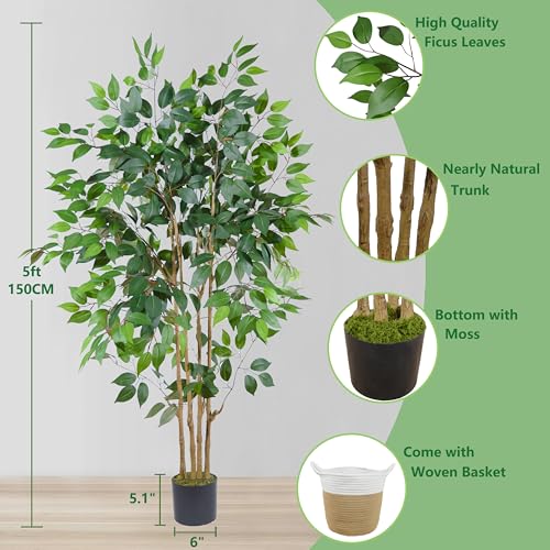 Warmplants Artificial Ficus Tree, 5ft Tall Silk Fake Ficus Leaves Plant with Basket, Indoor Outdoor Faux Greenery Tree for Home Garden Office House Livingroom Décor - color: Ficus, size: 5ft