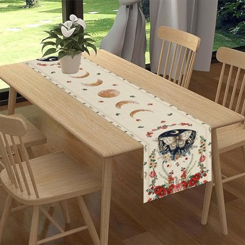 Gothic Moth Table Runner, Boho Floral Gothic Sun Moon Phase Mystical Witchy Starlight Coffee Table Center Decor for Home Kitchen Dining Patio Holiday Party Table Decorations 13x36 inches - color: Tr-moth07, size: 13x36" Table Runner