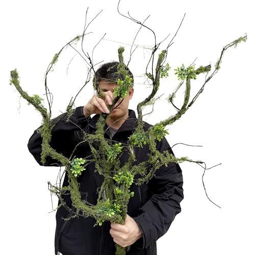 43 inches Moss Twig Vines Artificial Trees Branches Jungle Climber Fake Greenery Twigs Trunk with Greenery for Home Decor Garden Landscape Hanging Reptile Habitat Decor (Green - Pack of 4) - color: Green - Pack of 4