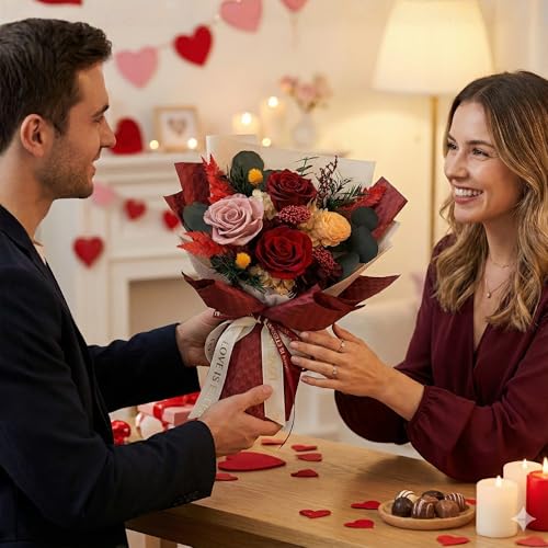 Mother's Day Red Preserved Roses with Vase - Forever Flowers for Mom Wife - Romantic Deep Red Rose Bouquet - Long Lasting Anniversary Birthday Gift for Her - Scented Flower Arrangement - color: Waffle Red