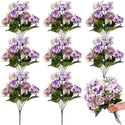 Crowye 8 Bouquets Wedding Silk Peony Hydrangea Flowers with Stems 12.6" H Elegant Faux Vintage Artificial Flowers for Decoration for DIY Table Party Decor Centerpieces Home(Purple) - color: Purple