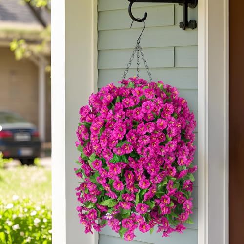 Ammyoo Artificial Faux Hanging Flowers Basket for Spring Summer Outdoor Porch Decoration, Fake Silk Colorful Morning Glory Eucalyptus in Planter UV Resistant for Home Balcony Yard(Red Purple) - color: Red Purple