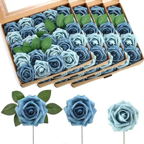 100 Pcs Artificial Foam Rose Flower Faux Bouquet Wedding Fake Rose Gift for Mother's Day Women DIY Bridal Shower Party Table Birthday Home Spring Decor (Blue Two Tone) - color: Blue Two Tone