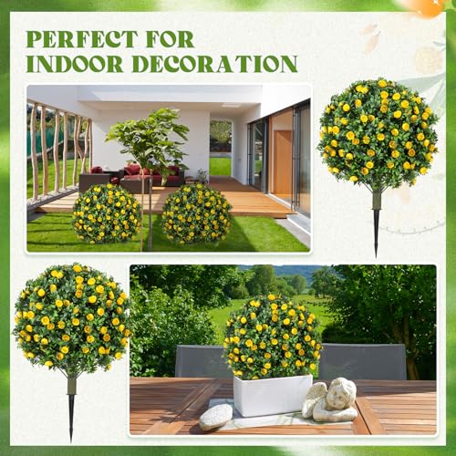 Lunmon 2 Pack 24" Artificial Topiary Ball Plants Trees with Flowers, Outdoor Fake Topiary Plants with Ground Spike, UV Resistant Faux Bushes for Indoor Outdoor Front Door Decor(Yellow,Rose) - color: Yellow, style: Rose