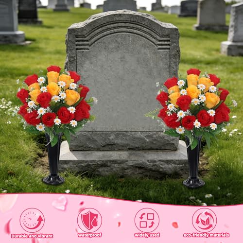 Wocst Artificial Cemetery Flowers for Grave Memorial Day Flowers for Cemetery,2Pack Artificial Silk Roses Daisy Bouquets with Cemetery Vases for Outdoor Grave Decorations ﻿ (Red Yellow) - color: Red Yellow
